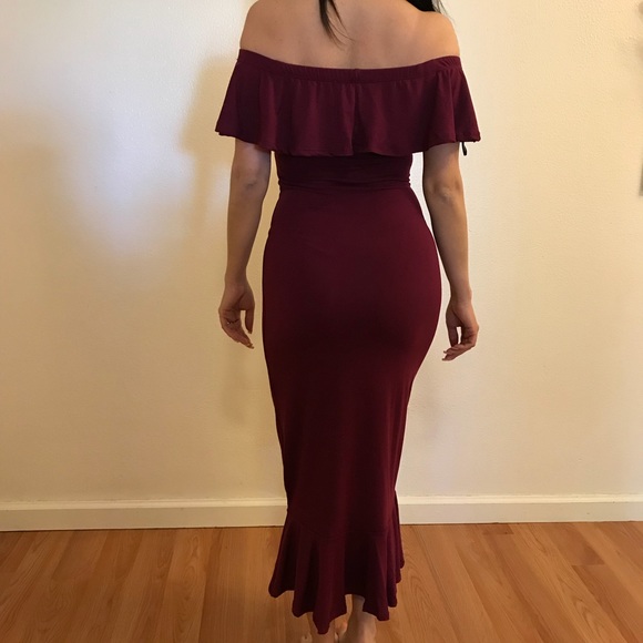 RESTOCK* Burgundy Penelope Off The Shoulder Dress - Picture 5 of 8